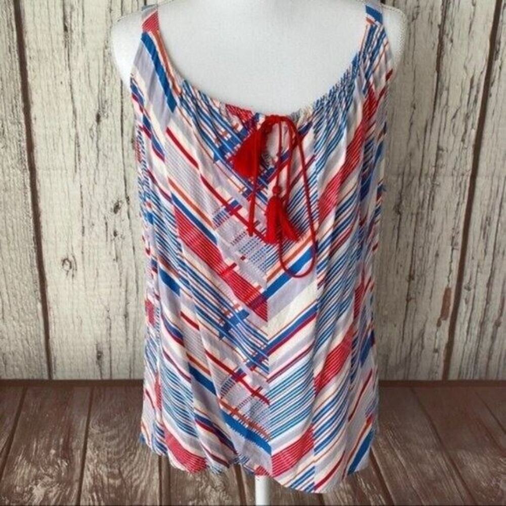Cabi 5230 Tank Top Shirt Womens Small All Aboard Nautical Red Blue Costal Tassel